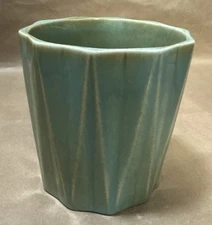Vintage Mid Century modern Faceted ceramic teal vase — Planter glaze Pottery