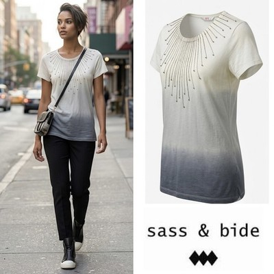 Sass & Bide Rainbows For Kate Beaded T-Shirt Ombré Size S Grey Blue Starburst