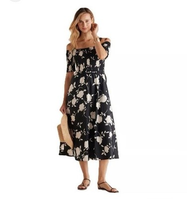 Soft Surroundings Divani Black Smocked Midi Dress Women s Size Large Convertible