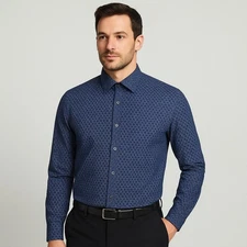 Ted Baker London Mens 4/L Slim Fit Lenons Dress Shirt Blue White Geometric Print