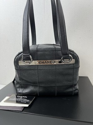 Auth CHANEL Choco Bar Leather Mini Boston Bag Black Silver Hardware Rank A