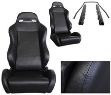 New 2 Black Leather Blue Stitch Racing Seats Reclinable W Slider All Bmw New 2 Black Leather Blue Stitch Racing Seats Reclinable W Slider All Bmw
