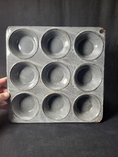 Antique, Mottled Grey Granite-ware, 9 Cup Muffin Tin