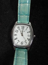 Talbots Womans Silver Tone Rectangle Dial Blue Leather Band Watch 7.5 Inch