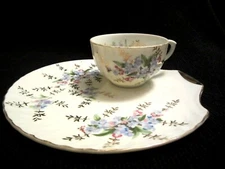 Vintage Blue Flower w/Gold Accent Trim, Teacup & Shell Saucer Snack Plate Set