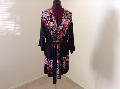 NEW FLORA NIKROOZ $130 'Frida Floral Knit Kimono' Robe*Black*Medium
