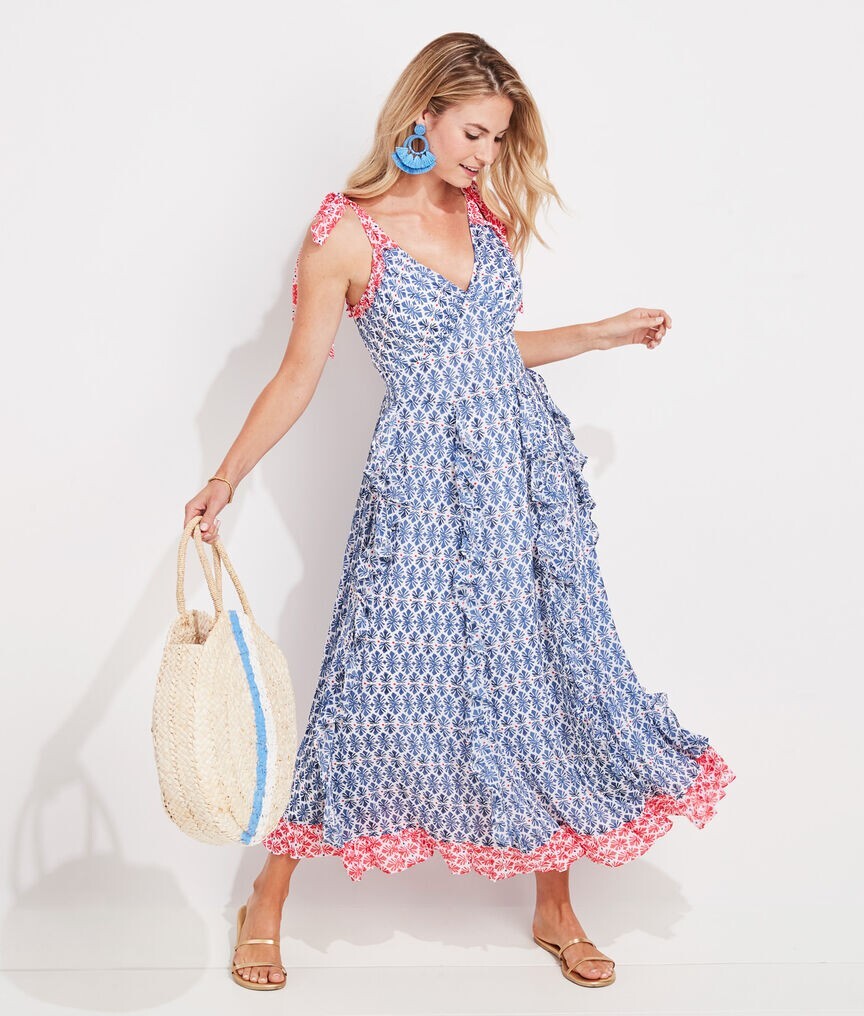 Vineyard Vines Womens Maxi Dress 8 Blue Block Print Shell Flowy Silky  Summer Vac | eBay