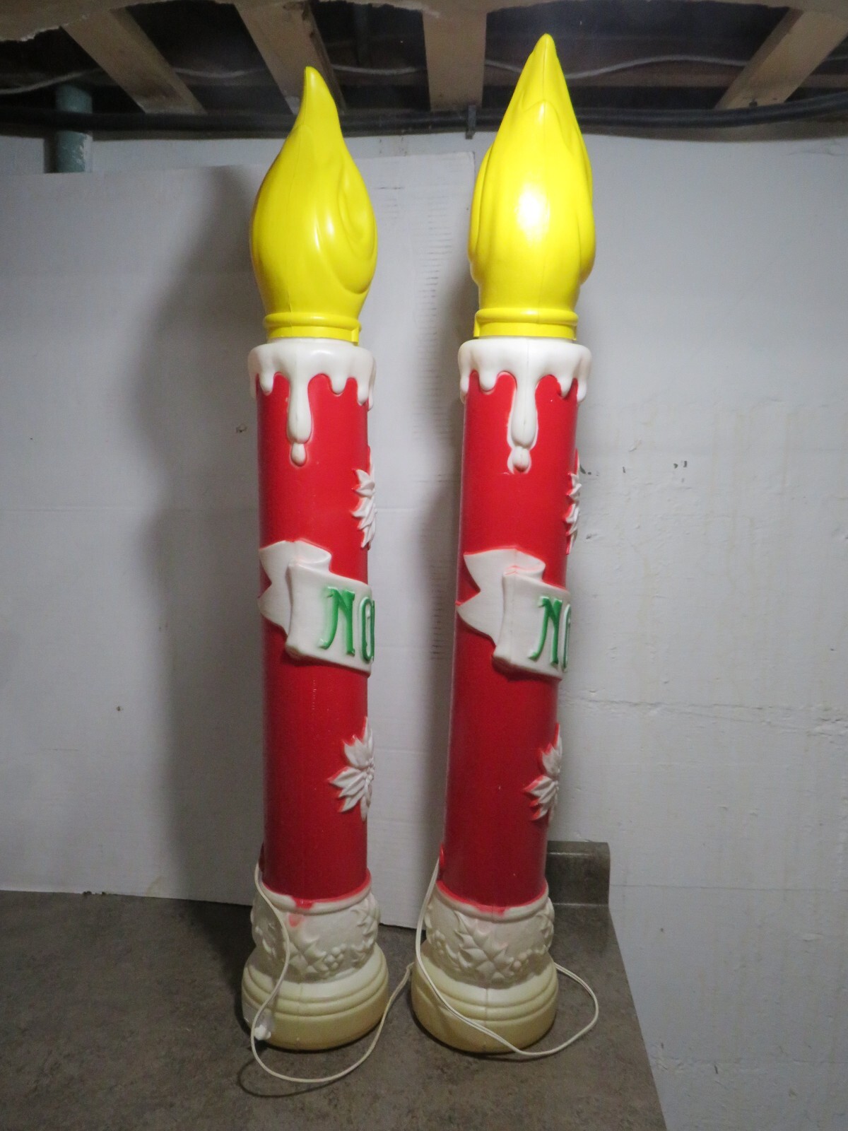 2 Vintage 38" Empire Green/Red NOEL Candle Flame Christmas Blow Molds