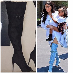 denim peep toe thigh high boots