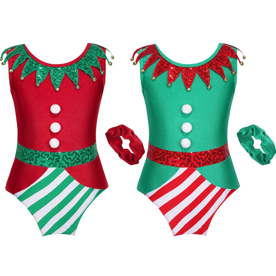 UK Girls Christmas Costume Elf Gymnastics Dance Leotards with Headband Outfits - Image 3 of 3