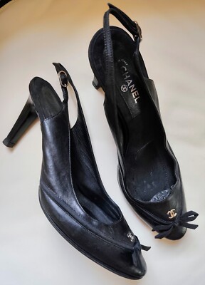 CHANEL SLINGBACK SANDALEN Pumps HEELS Leder Schwarz