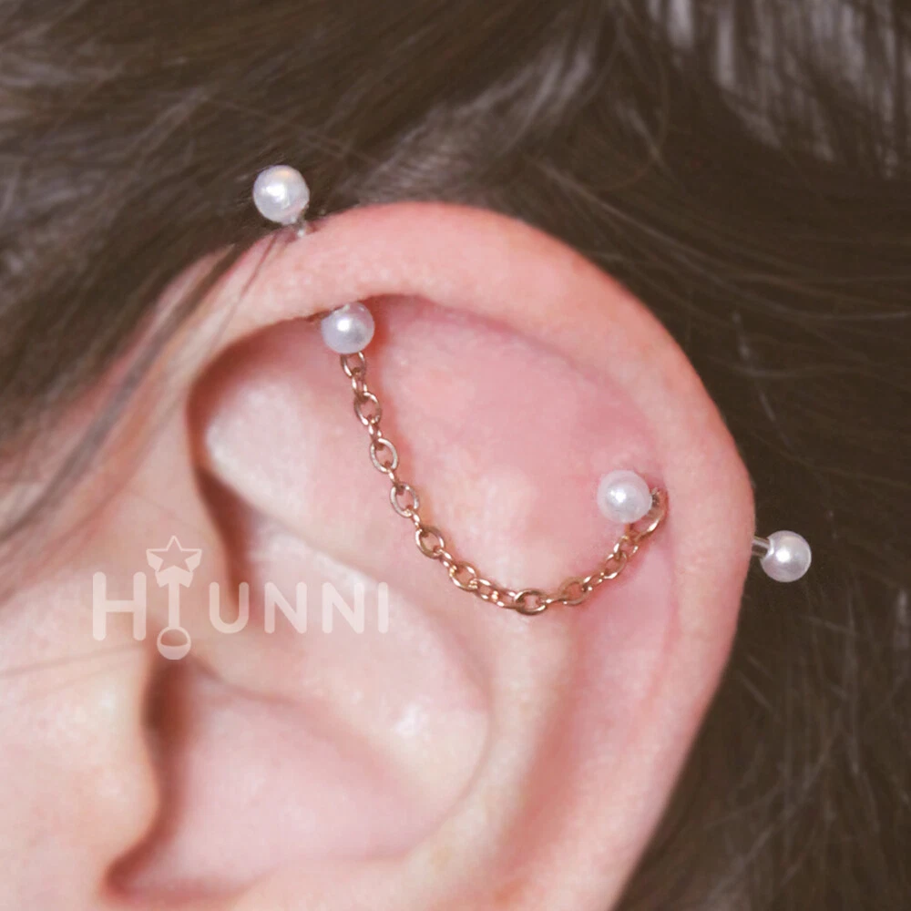 16g 14g Pearl chain industrial piercing earring Helix chain 2 ear studs 316l