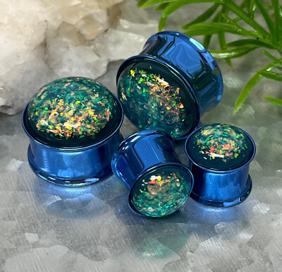 PAIR Blue Synthetic Opal Titanium Tunnels Double Flare Plugs Earlets Gauges