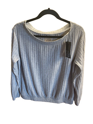Chaser Womens Poor Boy Rib Open Neck Long Sleeve Pullover Gray Ribbed Top Small