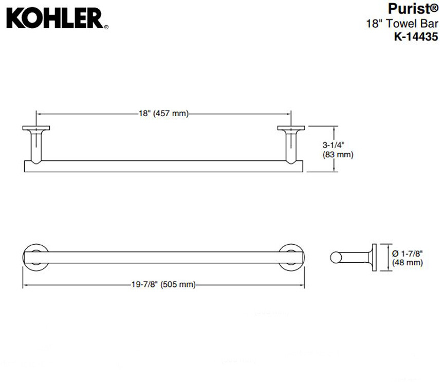 Kohler Purist™ 18" Bathroom Lavatory Towel Bar K14435BL Matte Black