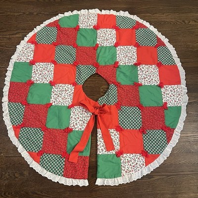 Christmas Tree Skirt Patchwork Adorable Prints Homemade Eyelet Border 43'' Across