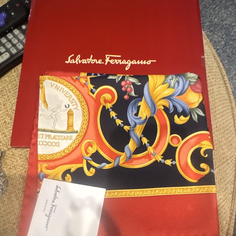 Salvatore Ferragamo NYU Crest Vintage Italian Silk Scarf NEW in original box