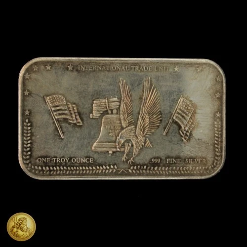 New ListingVintage International Trade Unit 1oz .999 Fine Silver Art Bar Eagle & Bell -E656