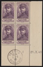 n°455, bloc de quatre coin daté 1940, Maréchal Foch, neuf ** + 1er jour - TB