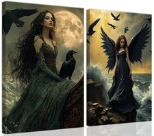 Mystic Gothical Wall Art - Dark Fantasy Raven Witch and Black Winged Angel Ar...