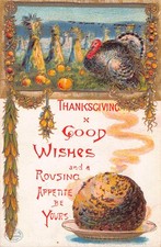 1908 Thanksgiving PC-Turkey by Corn Shocks & Pumpkins-Steaming Plum Pudding