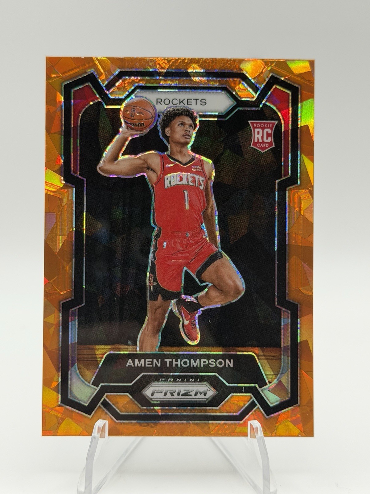 Amen Thompson 2023-24 Panini Prizm Orange Cracked Ice Prizm RC #150