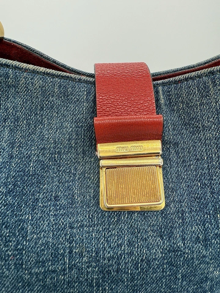 MIU MIU Madras Hobo Bucket Denim and Leather 2 Way Shoulder Crossbody Bag - Image 3 of 4