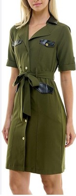 Sharagano Women's Olive Green Short Sleeve Button Front Belted Dress Size 4 NWT