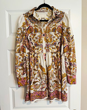 Women's Ivory Paisley Collared Long Sleeve Button Shirt Dress S