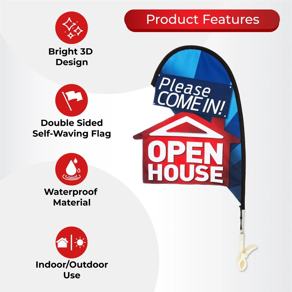 Kit Bandera Lágrima Casa Abierta 3D Doble Cara 29x14 Letrero de Bienes Raíces con Poste Foto 3 de 4