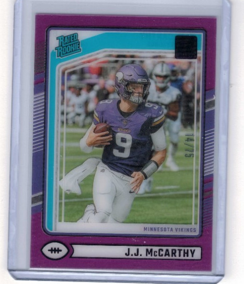 2024 Panini Clearly Donruss J.J. McCarthy Rated Rookie Purple RC #'ed 14/75