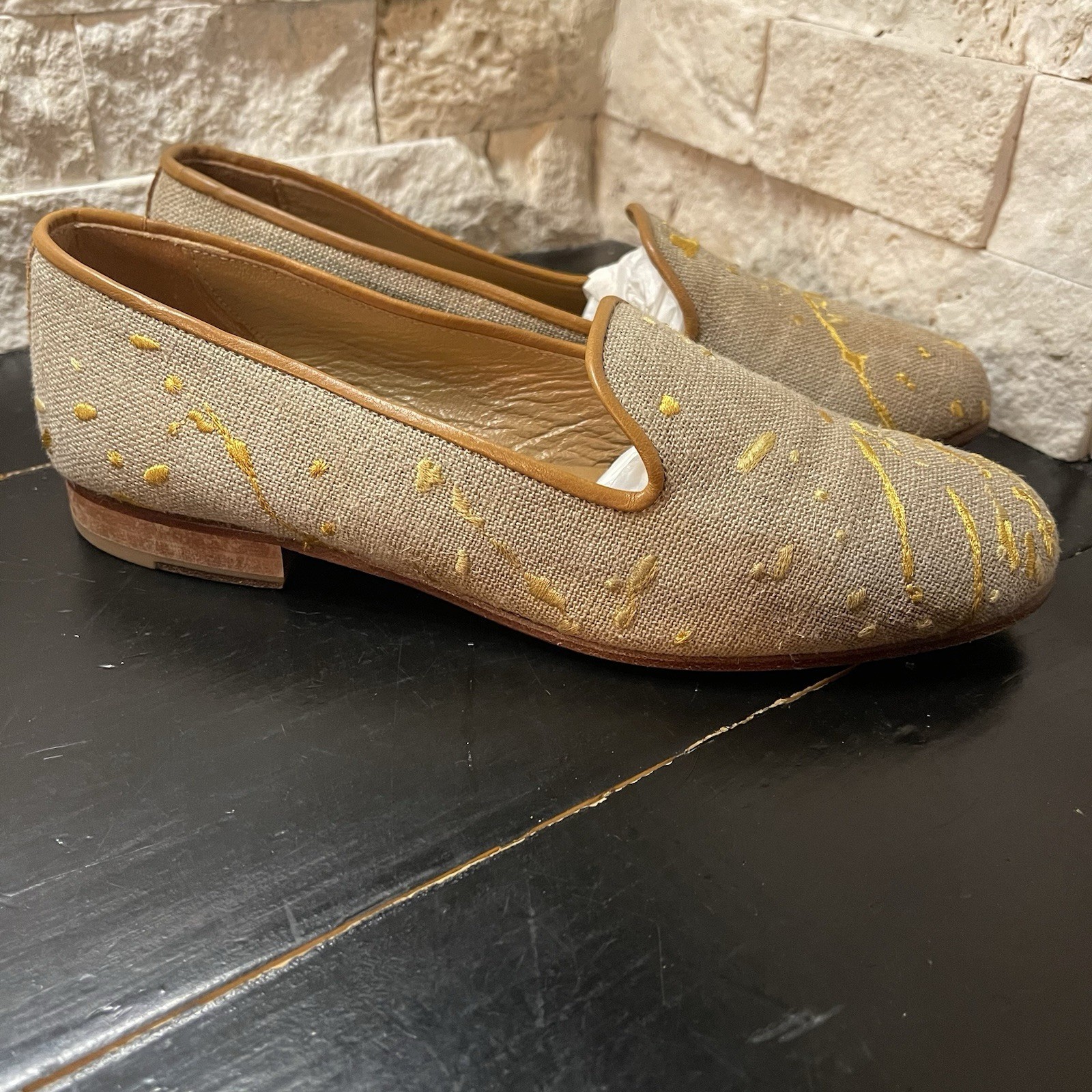 Stubbs & Wootton “POLLOCK" Slippers Tan Yellow Loafers Shoes Splatter Embroidery
