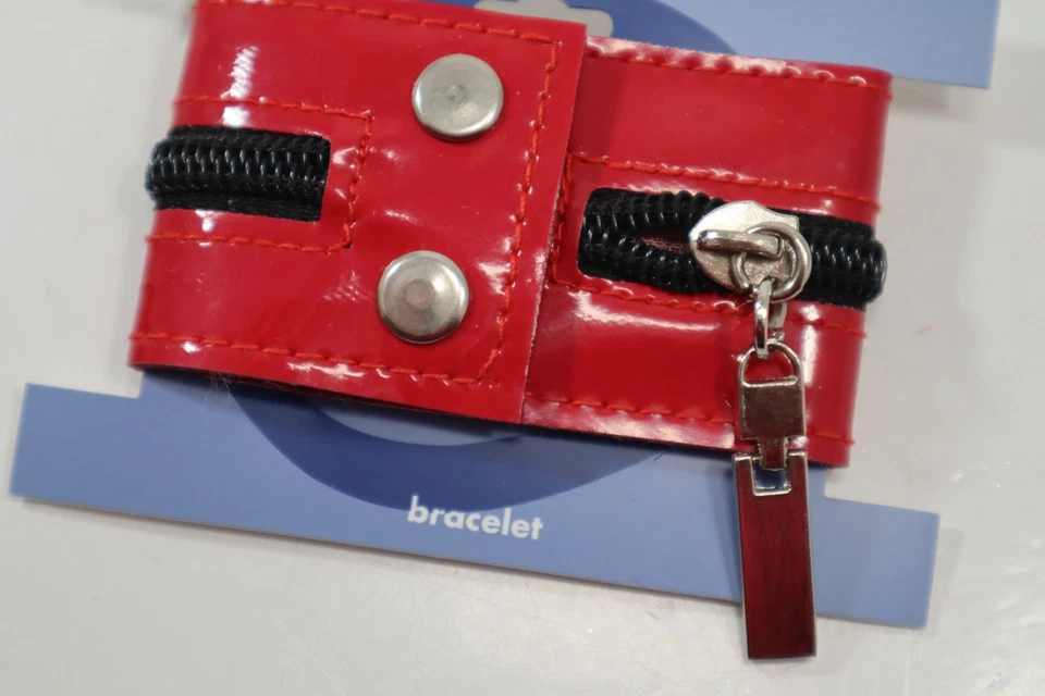 1JD Red patent leather black zipper punk WRAP snap Bracelet Claire's Jewelry - Image 2 of 4