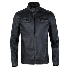 Men Slim Sleeve Thick Warm Leather Jacket - Black