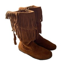 Minnetonka Fringe Boots 8 Suede 2 Rows Side Zip 12" High 1682 Boho Women's
