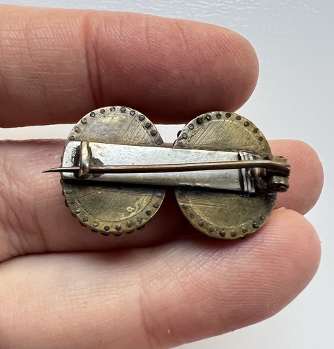 Antique Georgian Cut Steel Edge Hand Painted Porcelain Double Brooch Pin - Picture 6 of 7