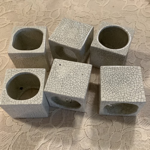6 Artsy white grey square cube crackle ceramic napkin rings 1 3/4" Modern - Picture 7 of 7