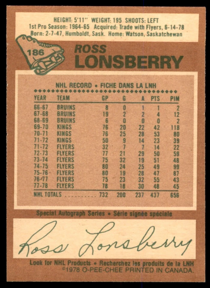 1978-79 O-Pee-Chee NM-MT Ross Lonsberry #186 - Image 2 of 2