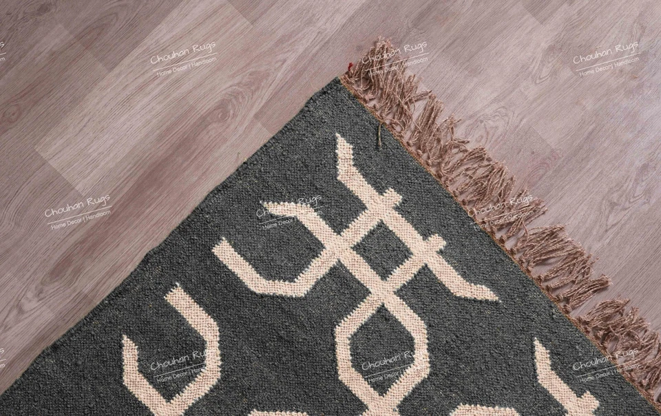 Alfombra Kilim de Yute de Lana de Diseño Blanco, Decoración Alfombra de Yute Negro, Alfombra de Yute con Flecos Foto 3 de 4