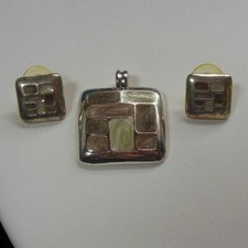 Vintage KC Kenneth Cole Silvertone Brown/Cream Swirl Enamel Pendant/Earrings