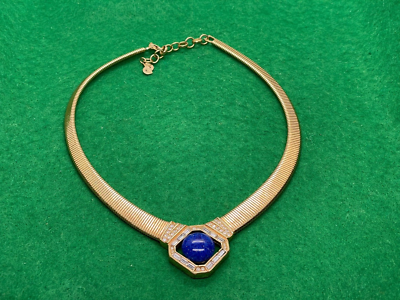 CHRISTIAN DIOR VINTAGE PRE OWNED NECKLACE BLUE STONE SET GOLD TONE