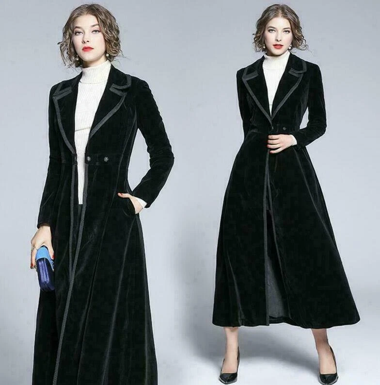 Womens Full Length Formal Velvet Parka Lapel Cocktail Party Coat Dress  Jackets