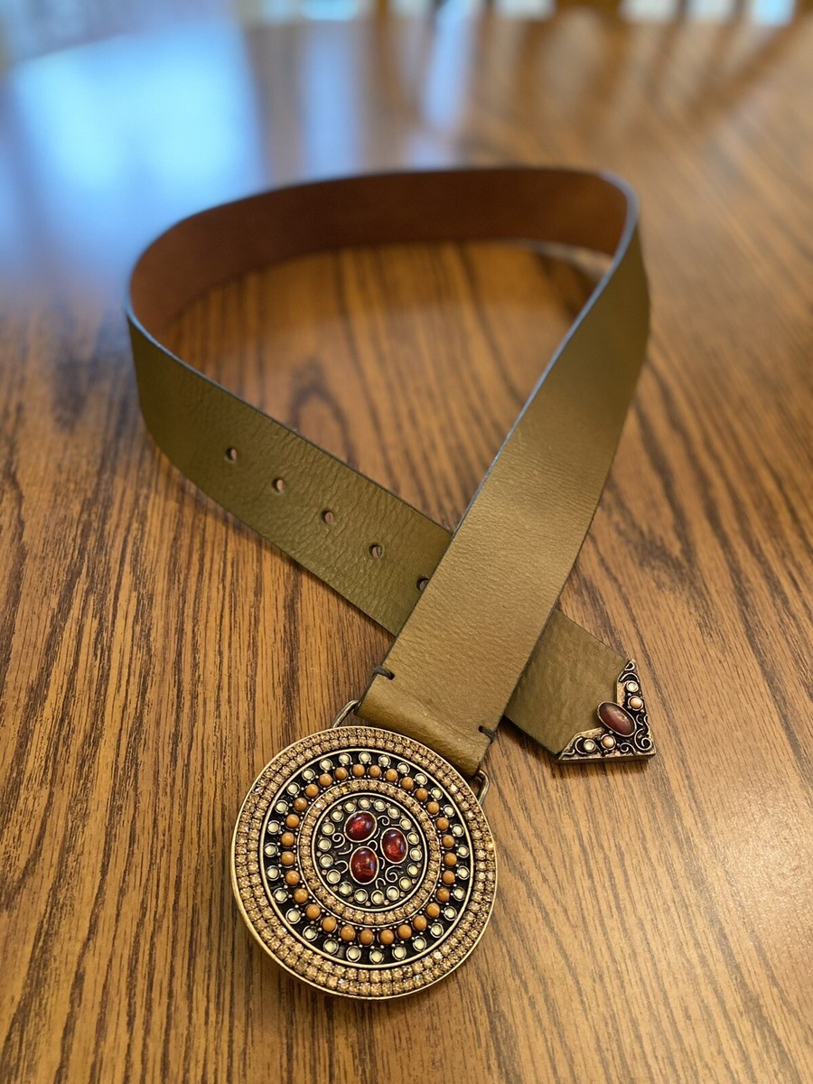 Chicos Gold/Brown Leather Belt Large Buckle with Rhinestones  display picture 2