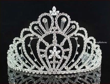 QUEEN RHINESTONE CRYSTAL CROWN TIARA W/ COMBS PAGEANT PROM BRIDAL H469S SILVER