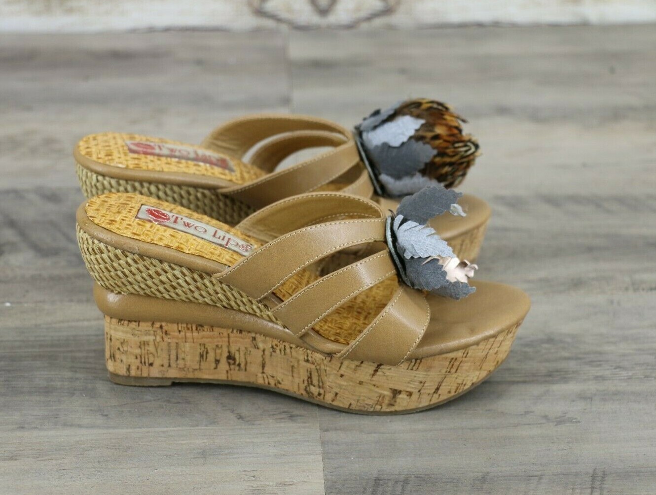 Two Lips Womens Wedge Cork Slip On Sandals Size 6 Beige Natural Nude Leather eBay