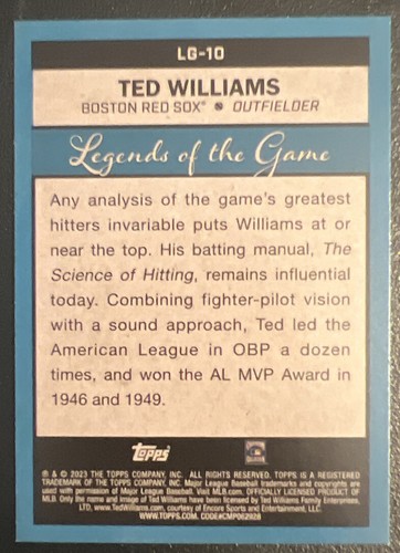 2023 Topps Legends Of The Game Foil Ted Williams LG-10 - Picture 2 of 2