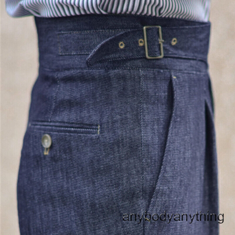 Men Retro Gurkha Denim Pants Straight Business High Waist Naples Casual ...