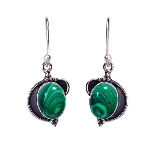 Malachite Gemstone 925 Sterling Silver Jewelry Earring, Designer Earring - Picture 3 of 4