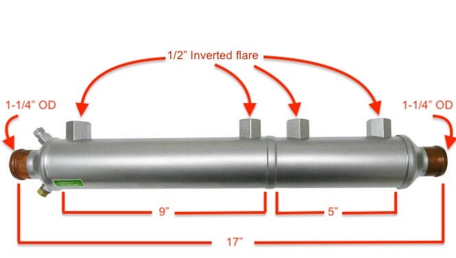 Seakamp Marine Oil Cooler 2x12 Body - 1/2 NPT 1-1/4 Hose Copper Construction