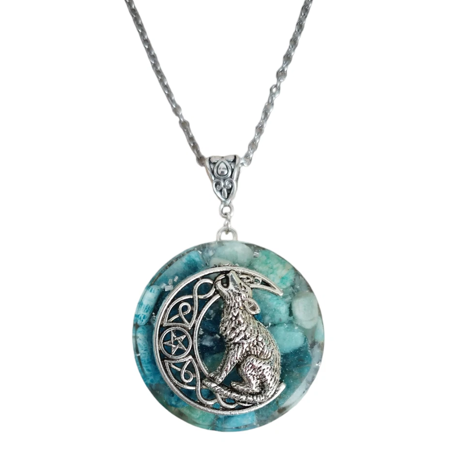 Colgante Orgonita Orgón Media Luna Wicca Lobo Apatita Amazonita Collar Amuleto Foto 2 de 4